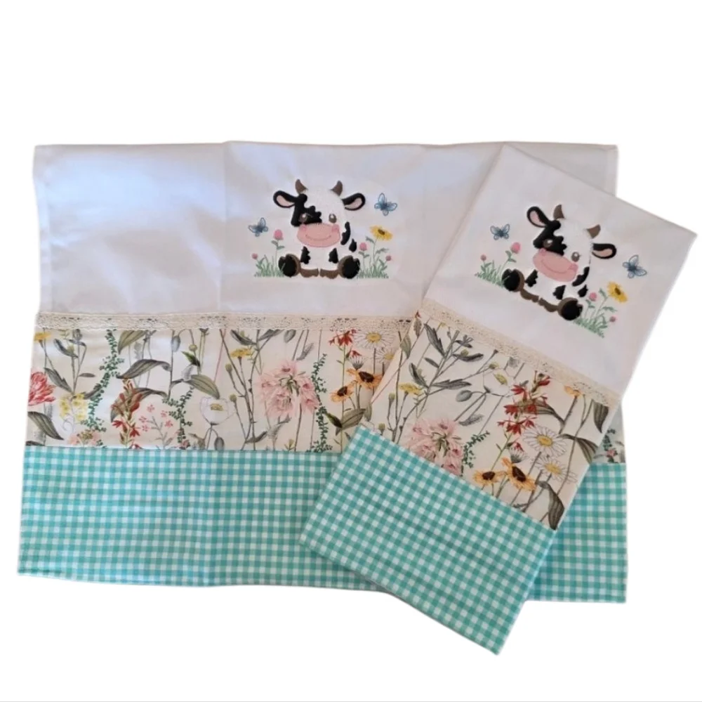 Handcrafted Embroidered Floral & Country Cow Tea Hand Towels Set Of 2 18